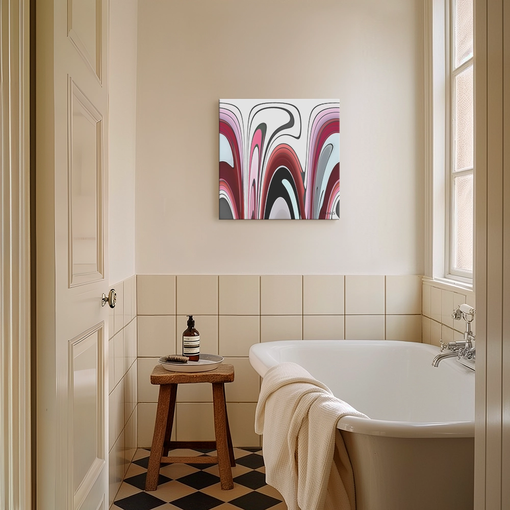 Art Deco, Aluminium Print by PatrisS, on the wall of a vintage style bathroom, with old bathtub and wooden stool.
