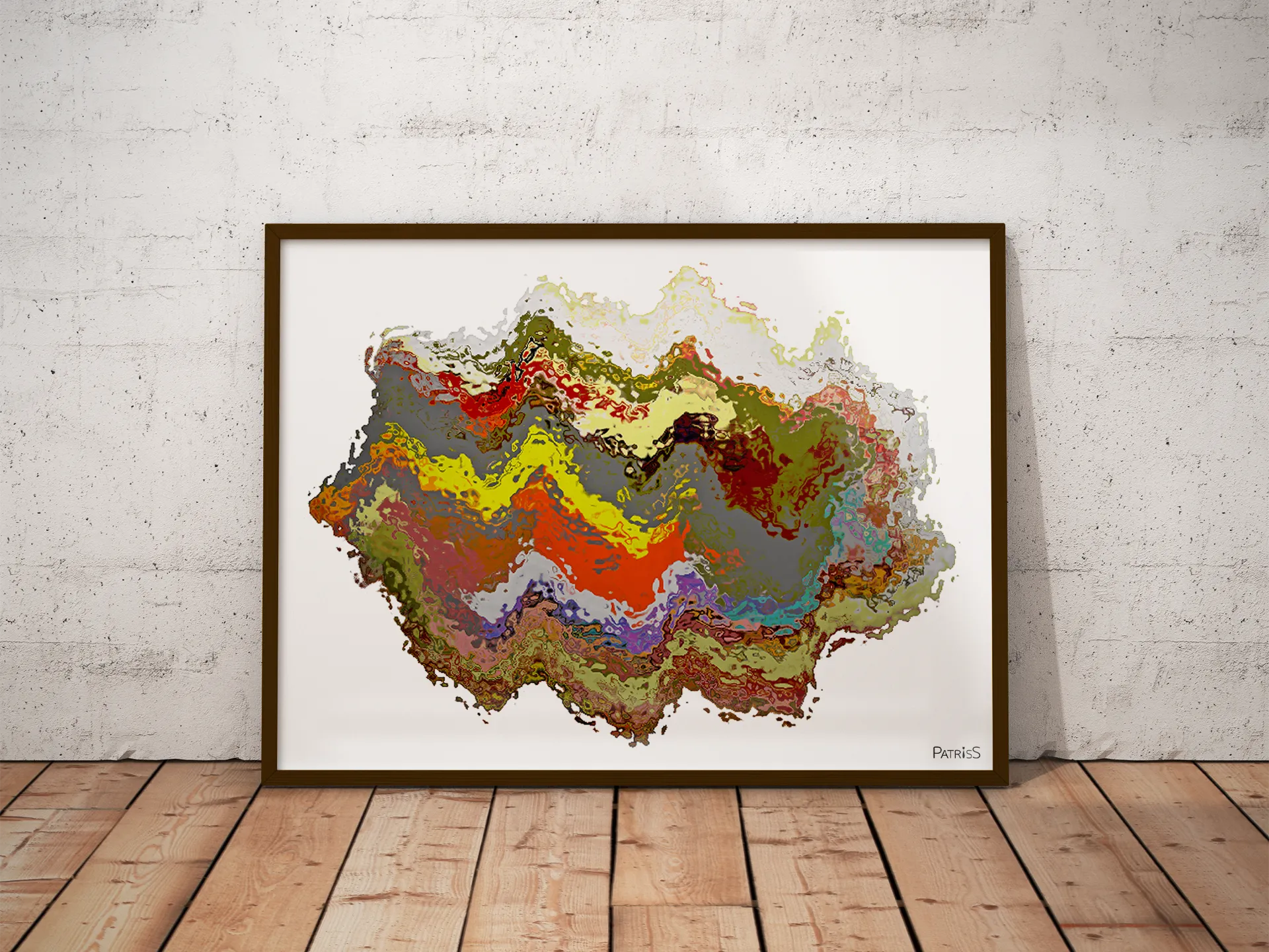 Boogie, Wooden Framed Poster by PatrisS, leaning against a white concrete wall on the wooden floor.