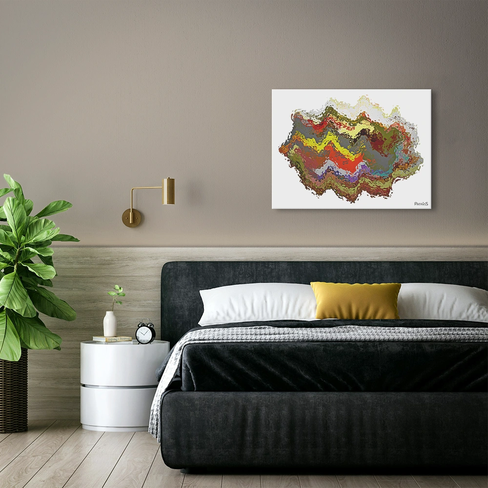 Boogie, Aluminium Print by PatrisS, on a beige wall above the bed, in a modern bedroom, with white nightstand and big plant.