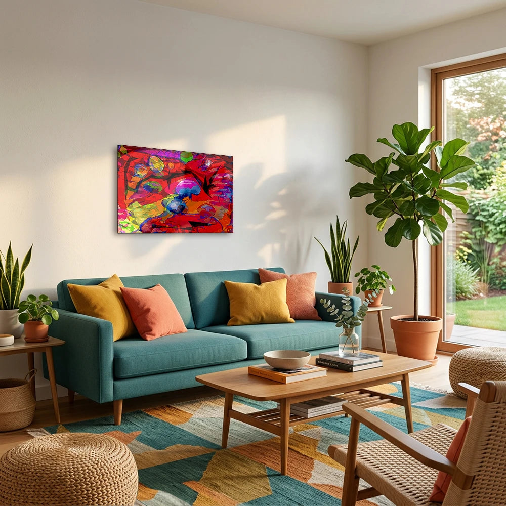 Jelly-Jellyfish, Aluminium Print by PatrisS, on the wall above a teal sofa, in a living room with a colorful rug and lots of plants.