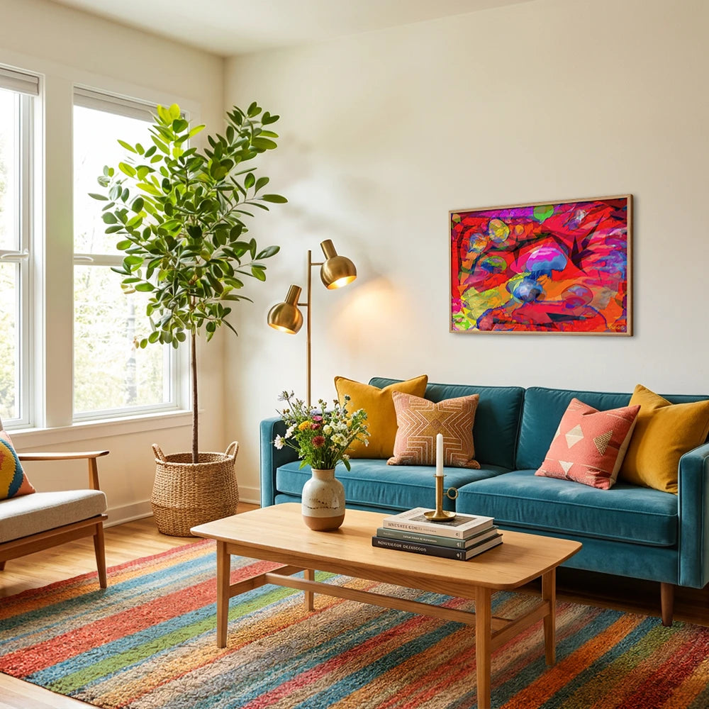Jelly-Jellyfish, Wooden Framed Poster by PatrisS, on the wall above a peacock blue sofa, in a cozy living room with a colorful striped rug.