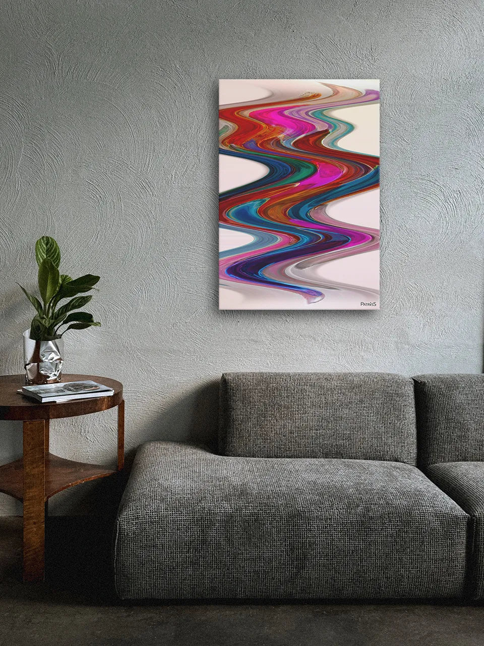 New Wave, Aluminium Print by PatrisS, hanging on a concrete wall above a gray sofa with a small wooden round table and plant.