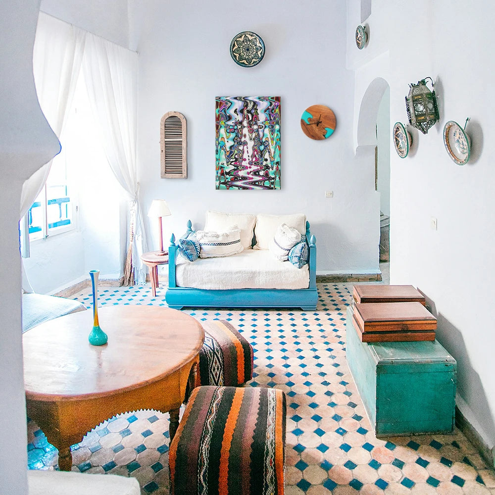 Psychoptical, Aluminium Print by PatrisS, above a turquoise Mediterranean daybed, in a Riad Style interior with other decorative items.