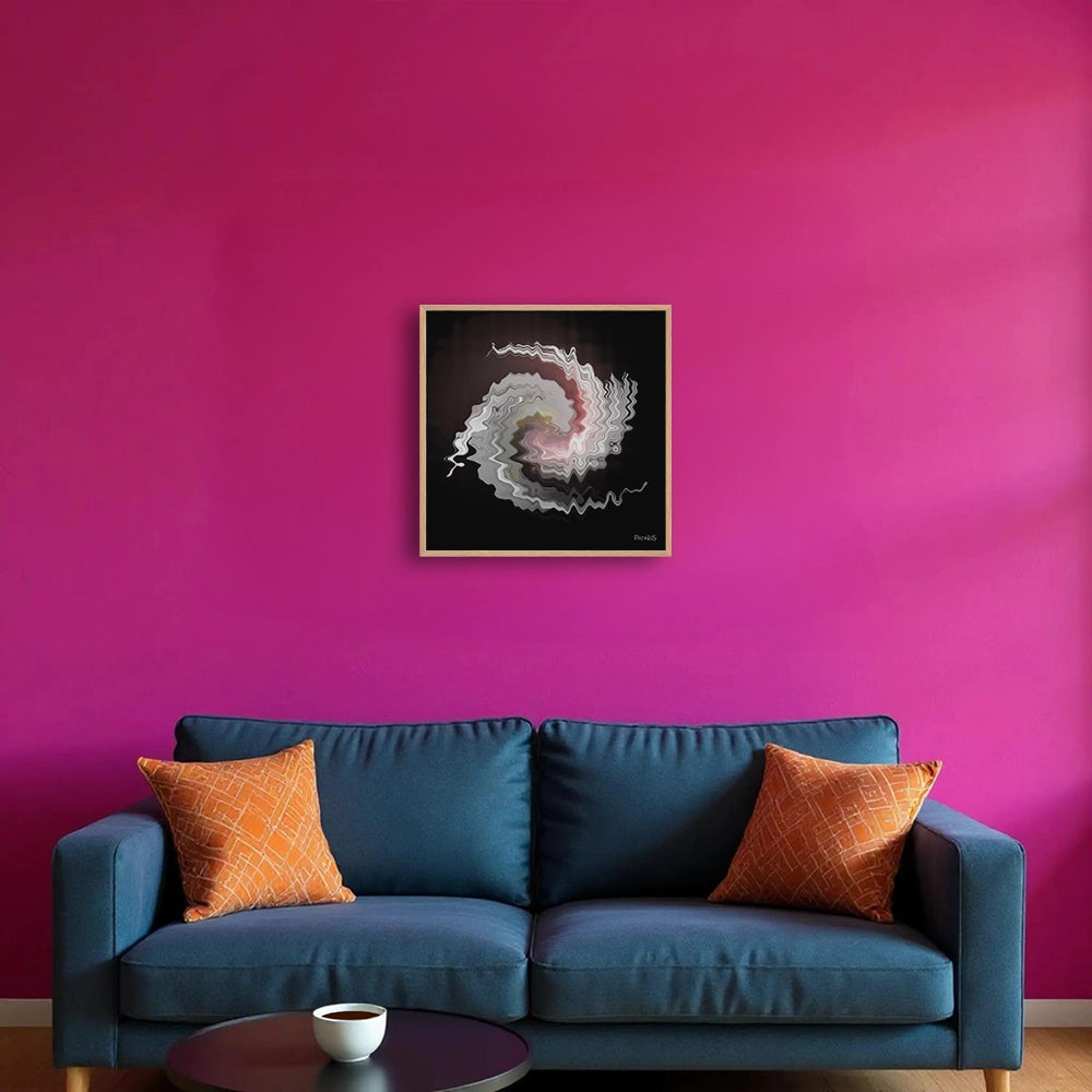 Twistsmog, Wooden Framed Poster by PatrisS, on a pink living room wall above a blue sofa.