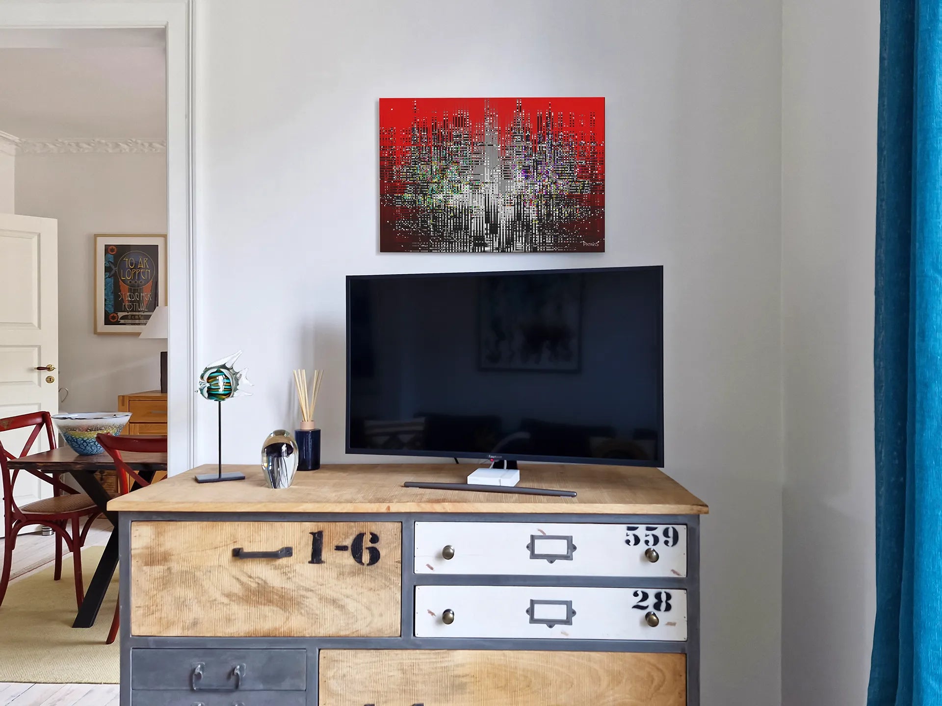 Urban, Aluminium Print by PatrisS, on the wall above a wooden cabinet with TV on top, dining area in background.
