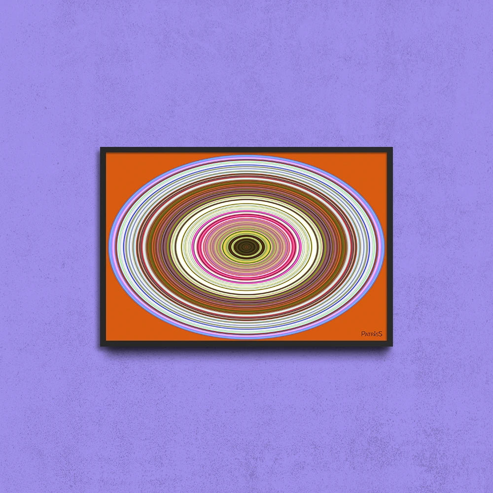 Vinyl, horizontal Wooden Framed Poster by PatrisS, against a lavender concrete wall.