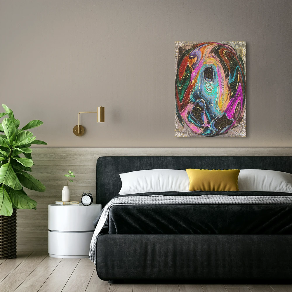 Vision, vertical Aluminium Print by PatrisS, hanging above the bed, in a modern bedroom, with white nightstand and big plant.