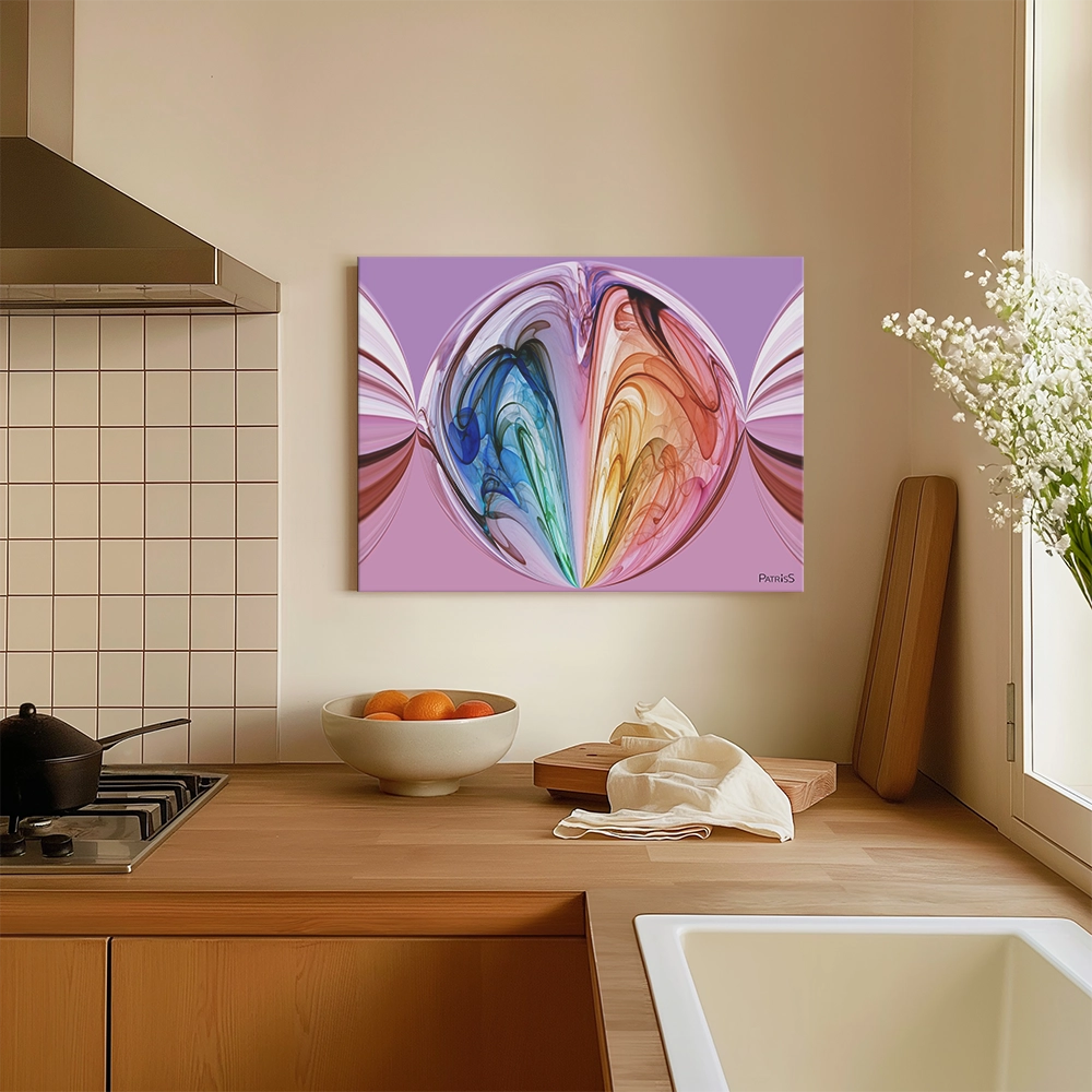 Volutes, Aluminium Print by PatrisS, on the wall in a cosy kitchen, wooden countertops, and a bowl of oranges.