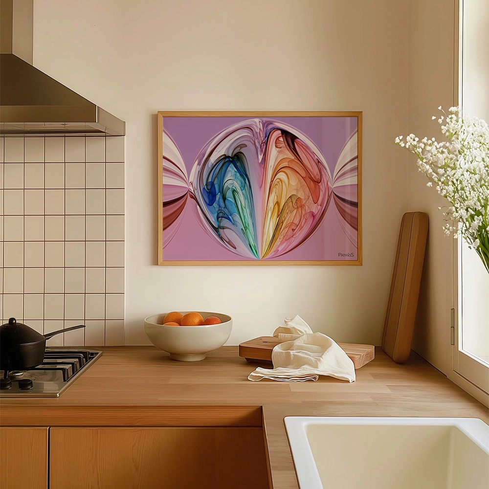 Volutes, Wooden Framed Poster by PatrisS, on the wall in a cosy kitchen, wooden countertops, and a bowl of oranges.