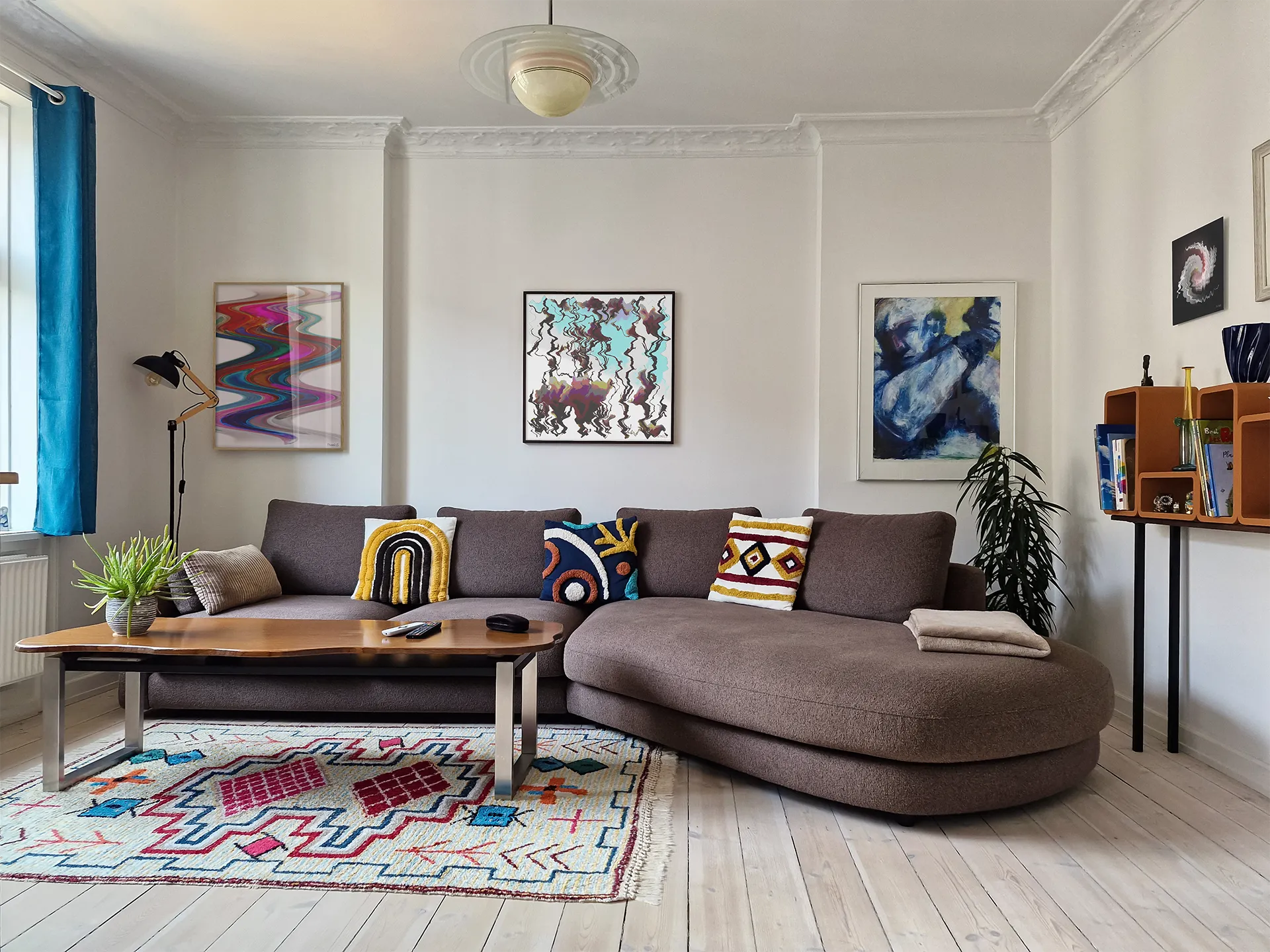 New Wave and Magnolia, Wooden Framed Posters, and Twistsmog, Aluminium Print, in a cozy living room with a brown lounge sofa, Art Prints by PatrisS.