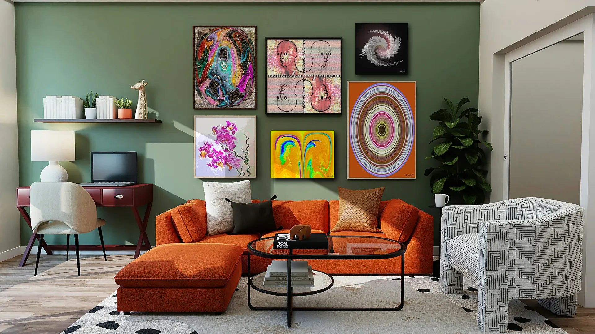 Vision, Binary World, Twistsmog, Orchidée, Magmos and Vinyl, Art Prints by PatrisS, on a sage green living room wall with orange sofa.