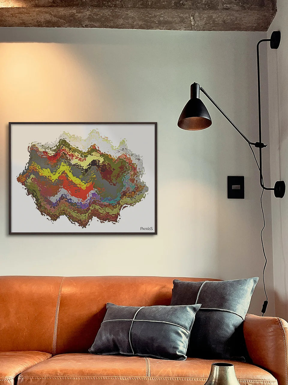 Boogie, Wooden Framed Poster by PatrisS, above a brown leather sofa in a rustic style living room.