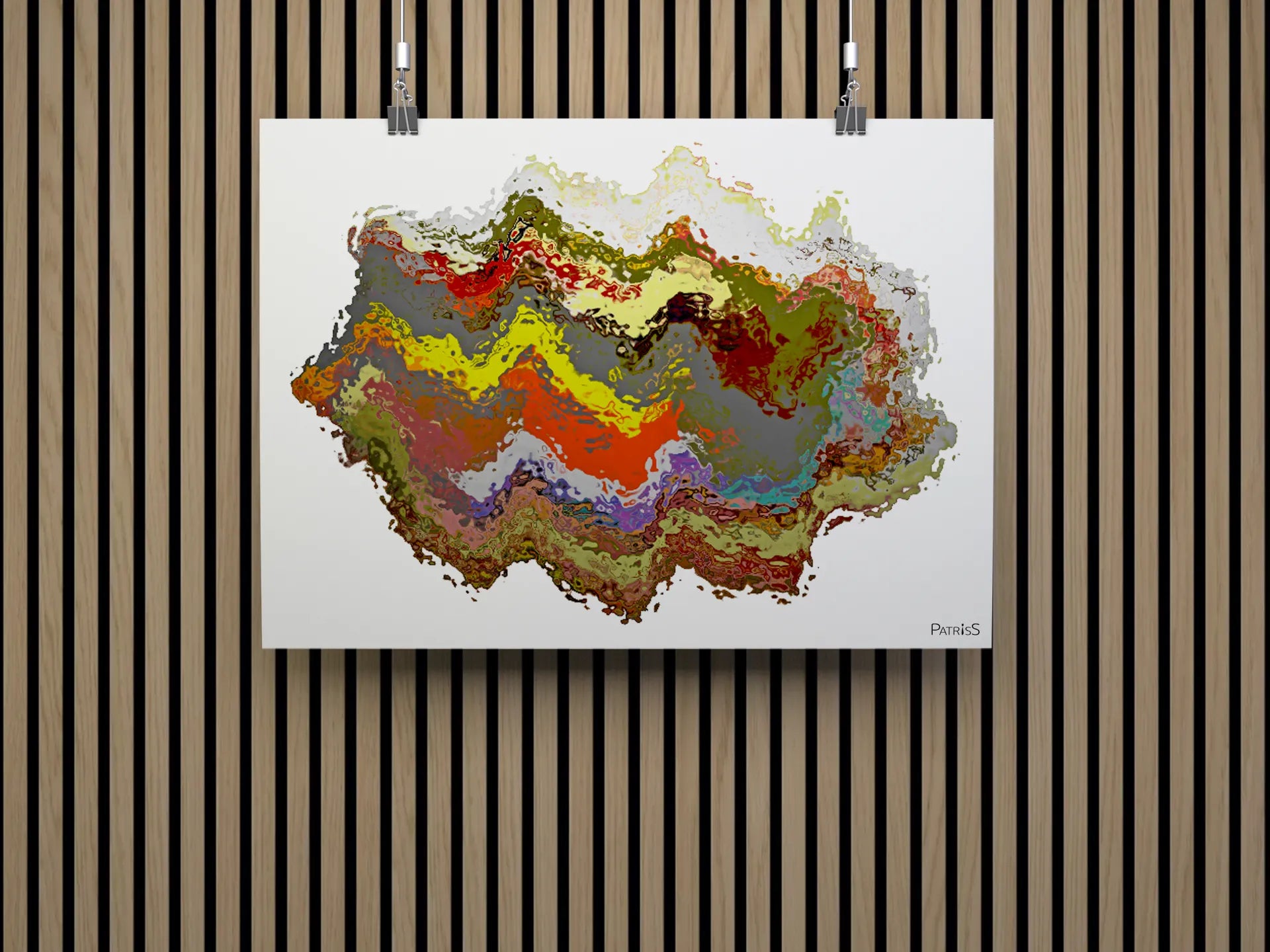 Boogie, Poster by PatrisS, hanging in front of on a modern wood slat wall panelling.