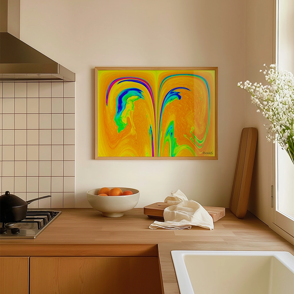 Magmos, Wooden Framed Poster by PatrisS, on the wall in a cosy kitchen, wooden countertops, and a bowl of oranges.