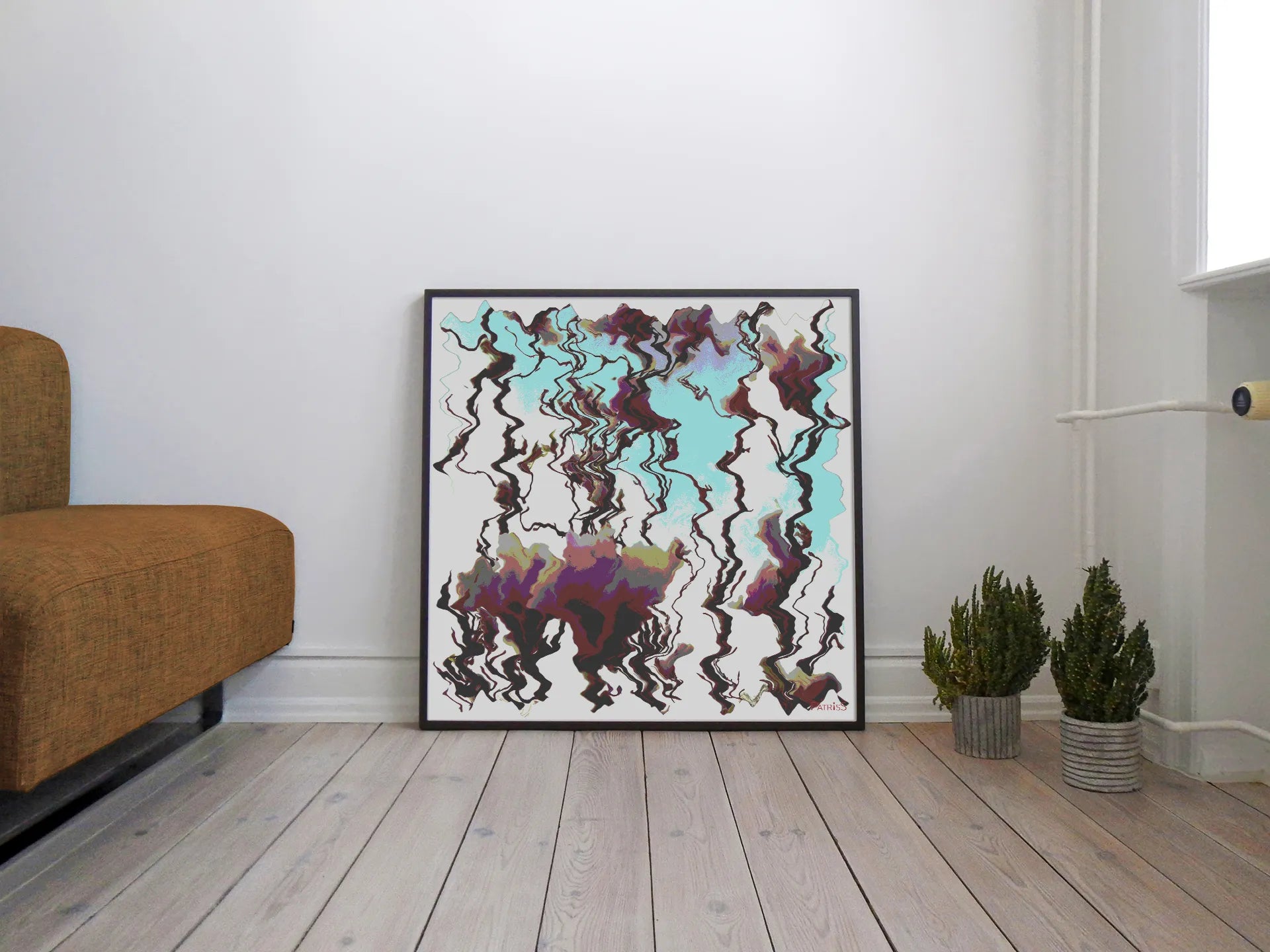 Magnolia, Wooden Framed Poster by PatrisS, leaning against the wall on the wooden floor, between a brown sofa and 2 plants.