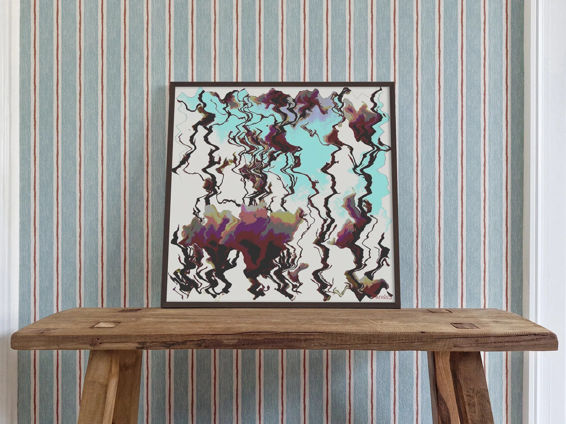 Magnolia, Wooden Framed Poster by PatrisS, leaning against the wall on a wooden bench, with striped wallpaper background.