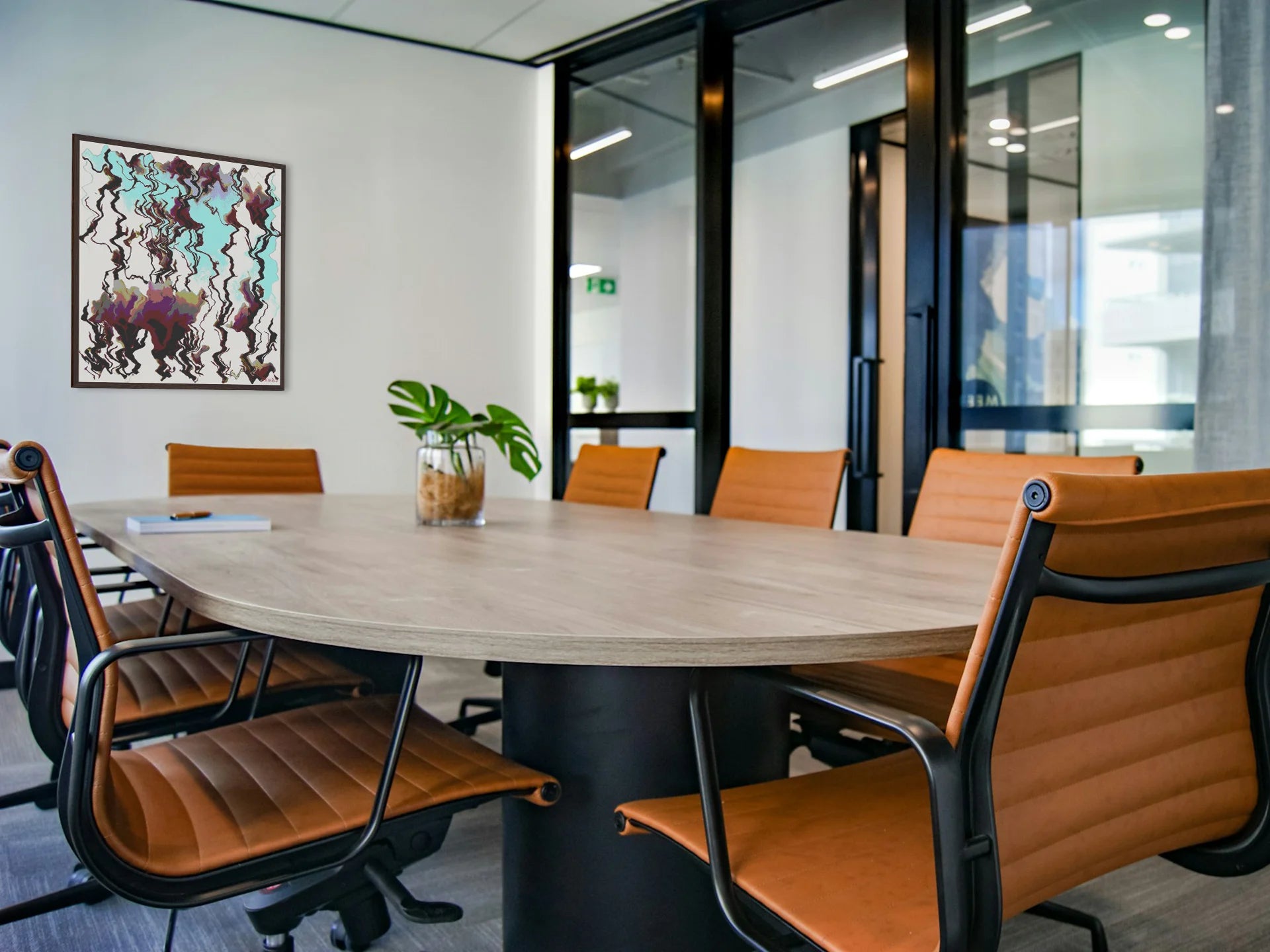 Magnolia, Wooden Framed Poster by PatrisS, in a modern conference room with an ovale wooden table and orange chairs.