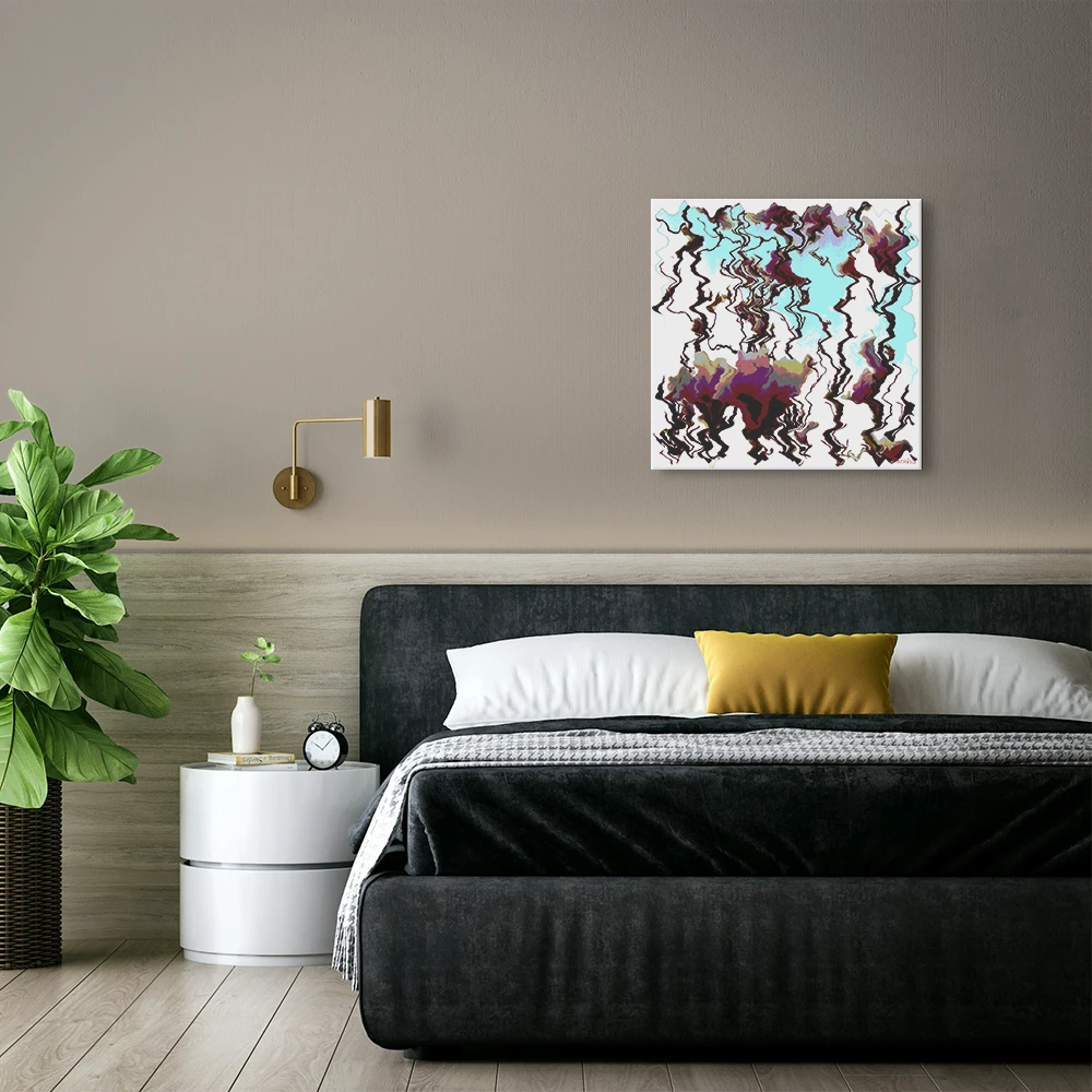 Magnolia, Aluminium Print by PatrisS, on a beige wall above the bed, in a modern bedroom, with white nightstand and big plant.