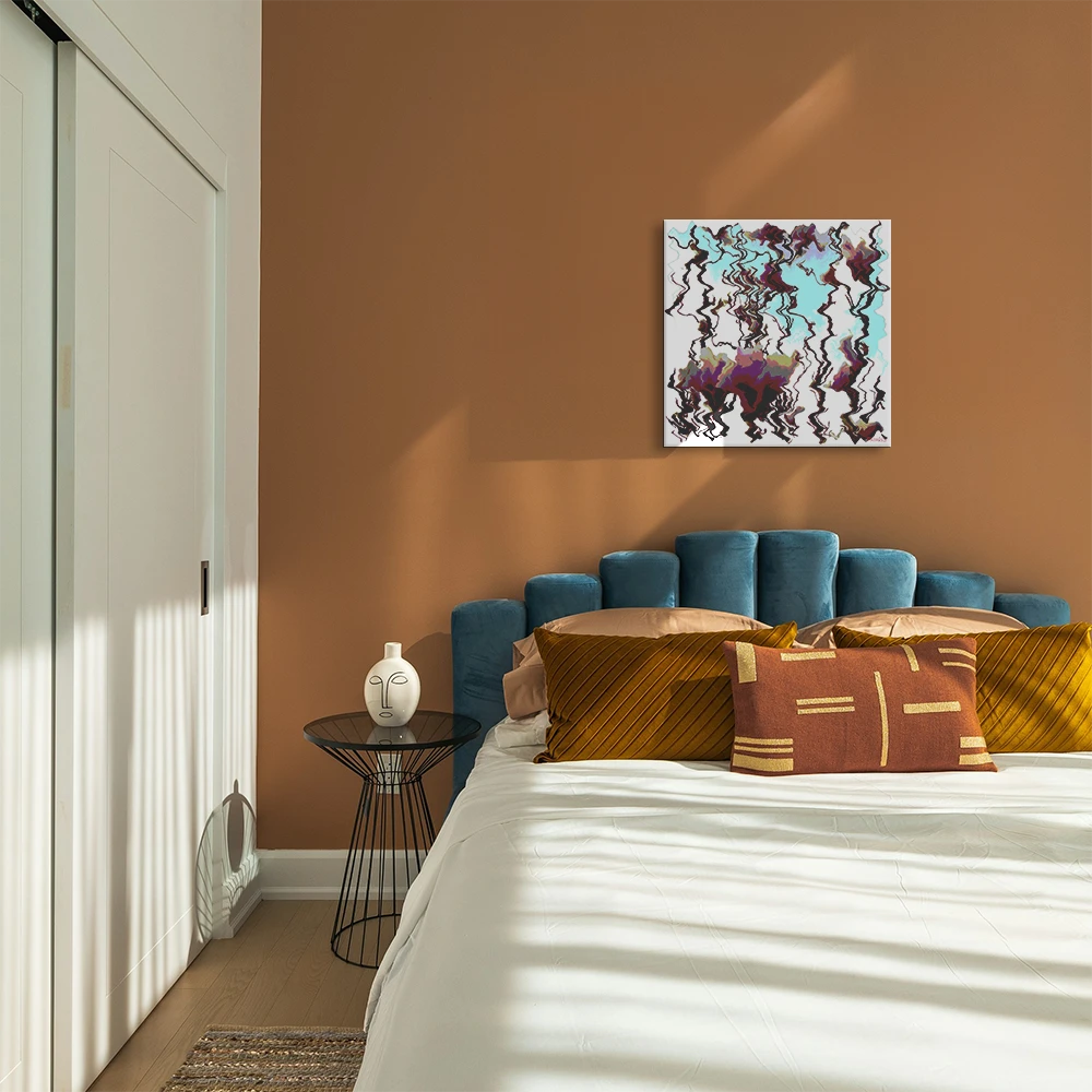 Magnolia, Aluminium Print by PatrisS, on a brown bedroom wall, above the bed, with a blue velvet bedhead and brown cushions.