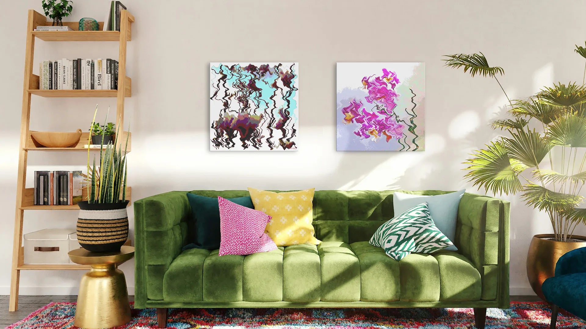 Magnolia and Orchidée, Aluminium Prints by PatrisS, hanging above a green velvet sofa in a sunny cozy living room.