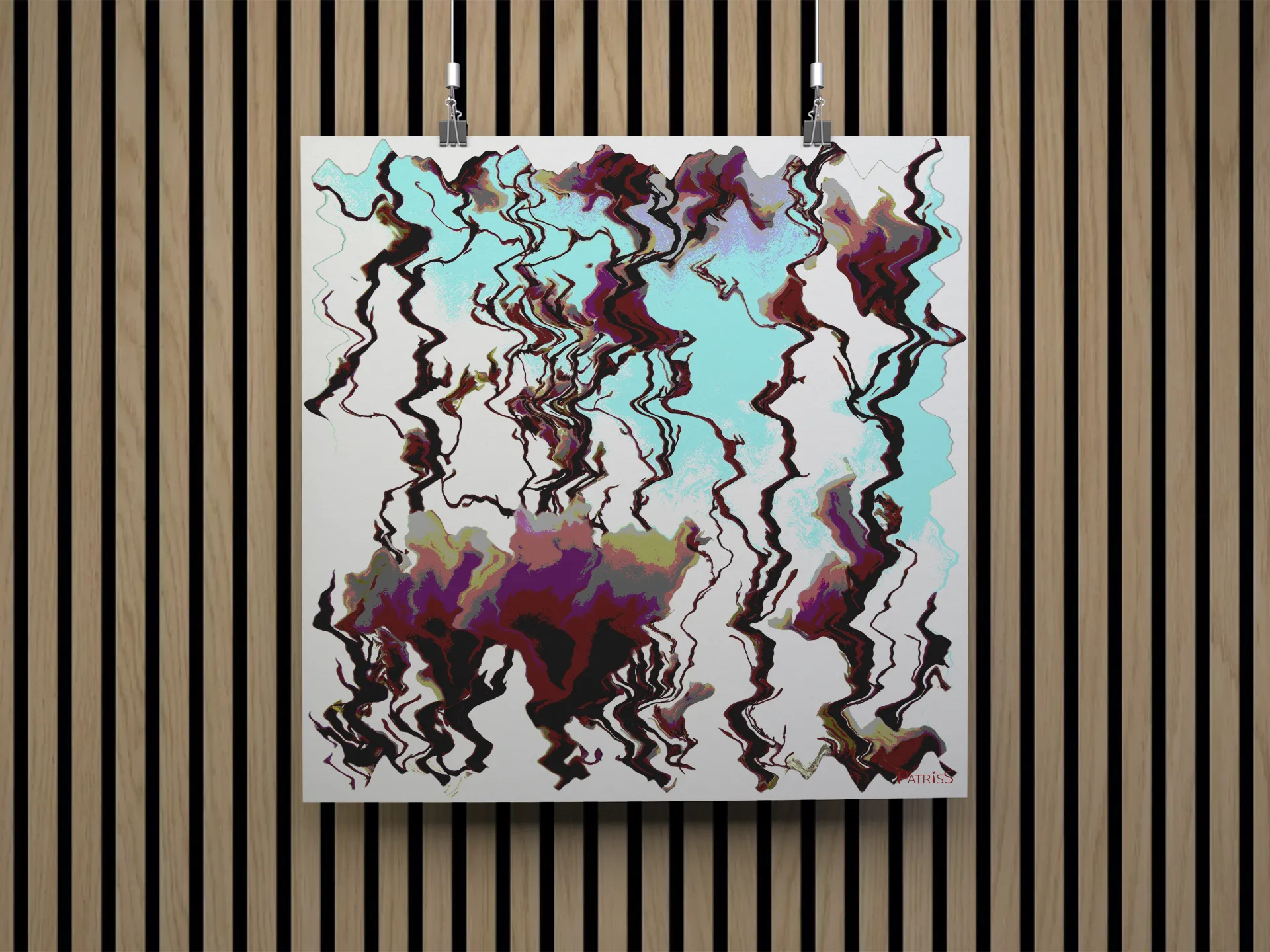 Magnolia, Poster by PatrisS, hanging in front of on a modern wood slat wall panelling.