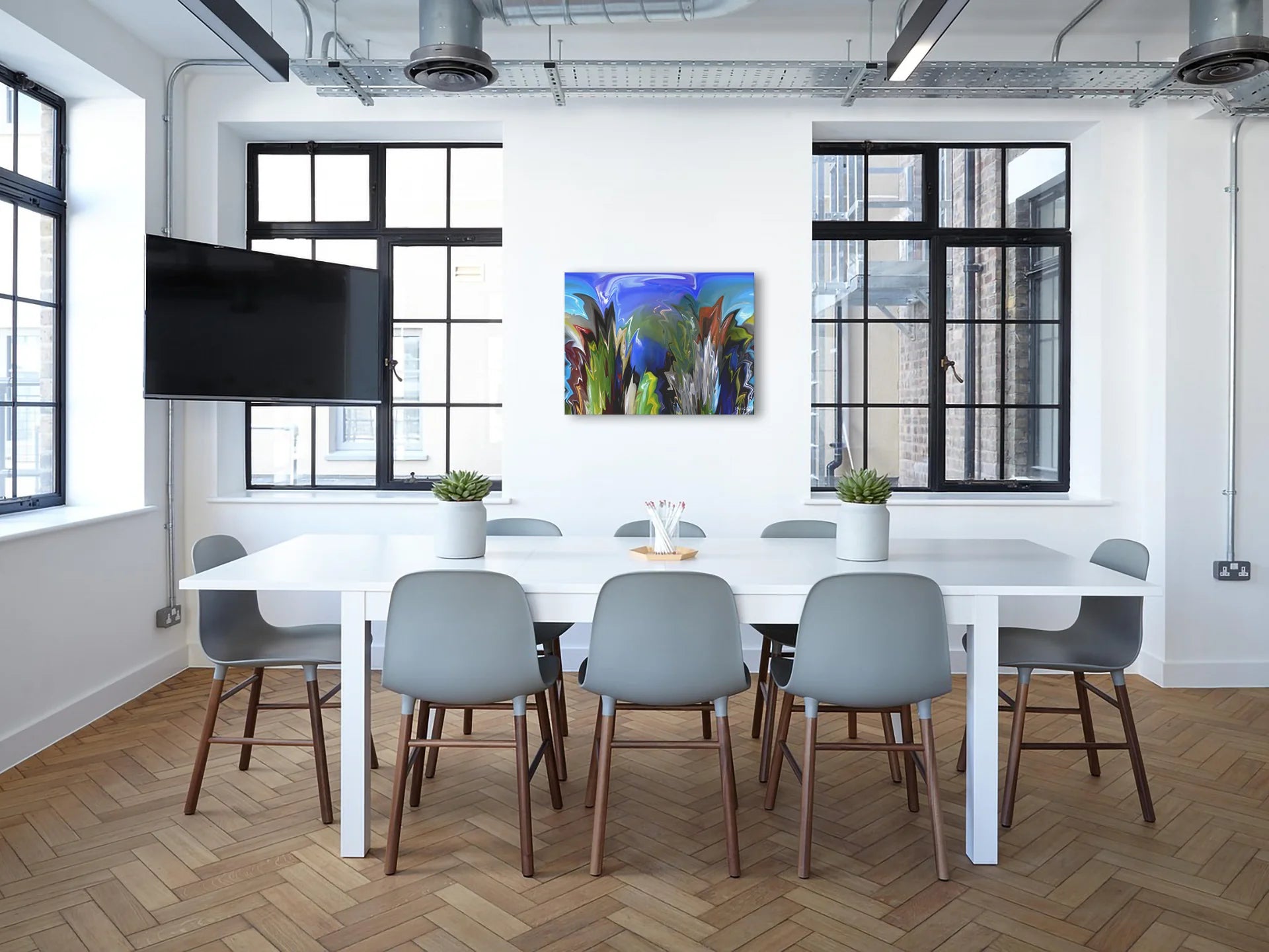 Miss Marble, Aluminium Print by PatrisS, hanging on the wall in an industrial style office space with white conference table.