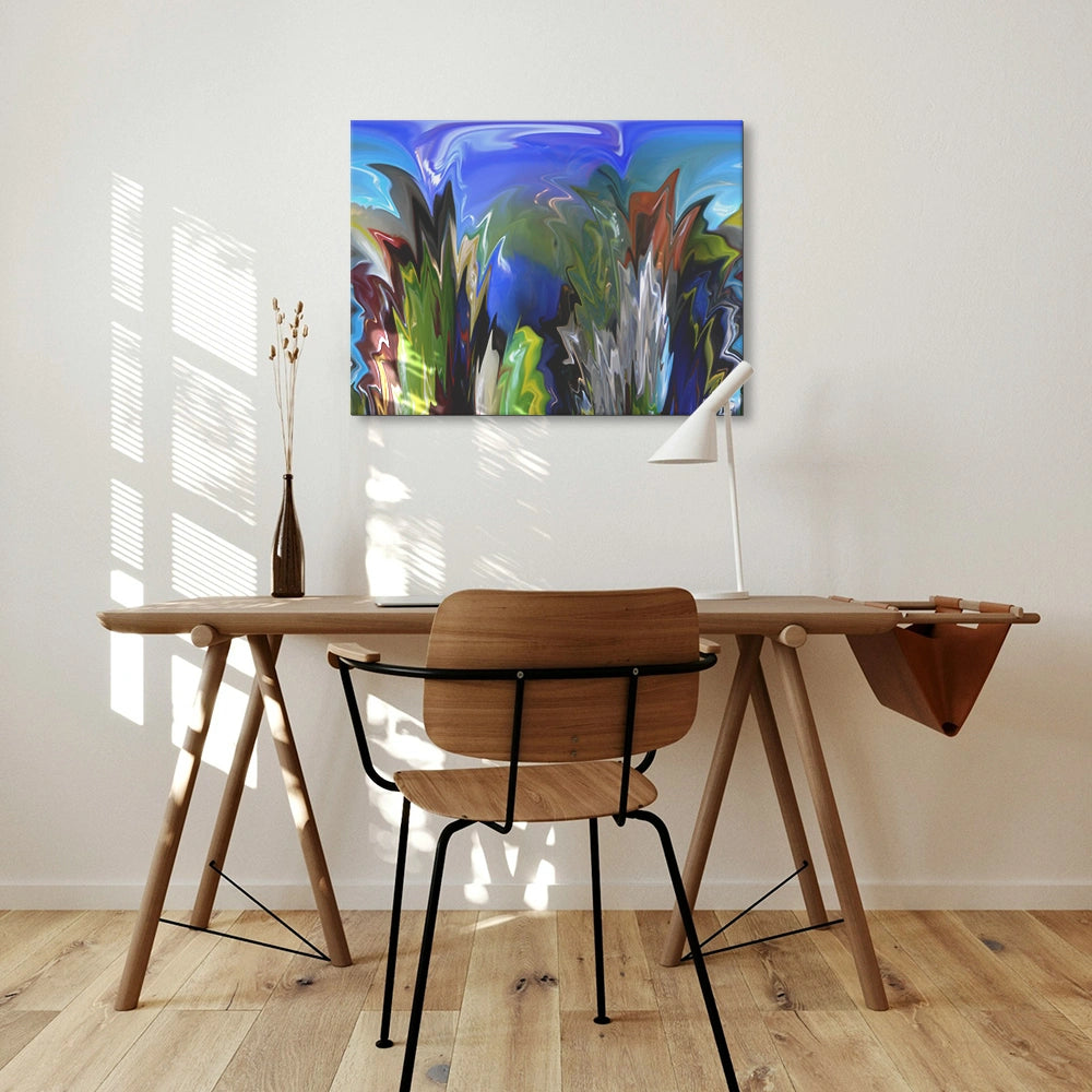 Miss marble, Aluminium Print by PatrisS, hanging on the wall above a Scandinavian style wooden desk and chair.