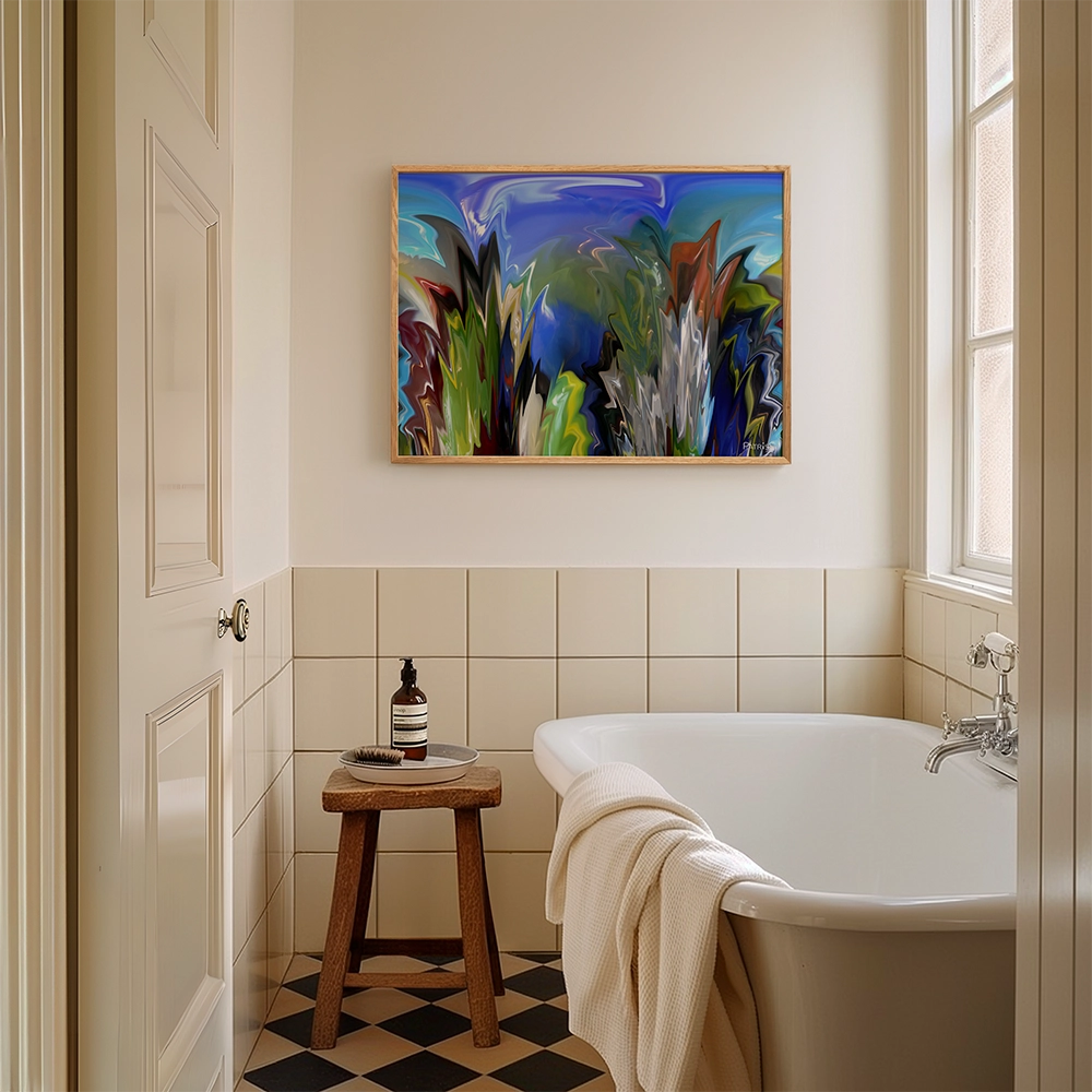 Miss Marble, Wooden Framed Poster by PatrisS, on the wall of a vintage style bathroom, with old bathtub and wooden stool.