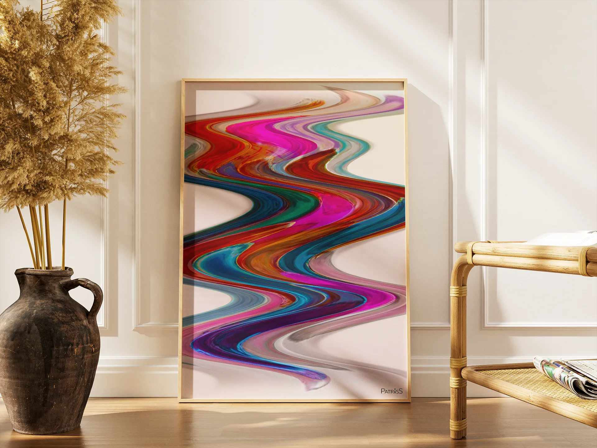 New Wave, Wooden Framed Poster by PatrisS, leaning against a wall on the wood floor, next to a rustic vase with dried pampas.