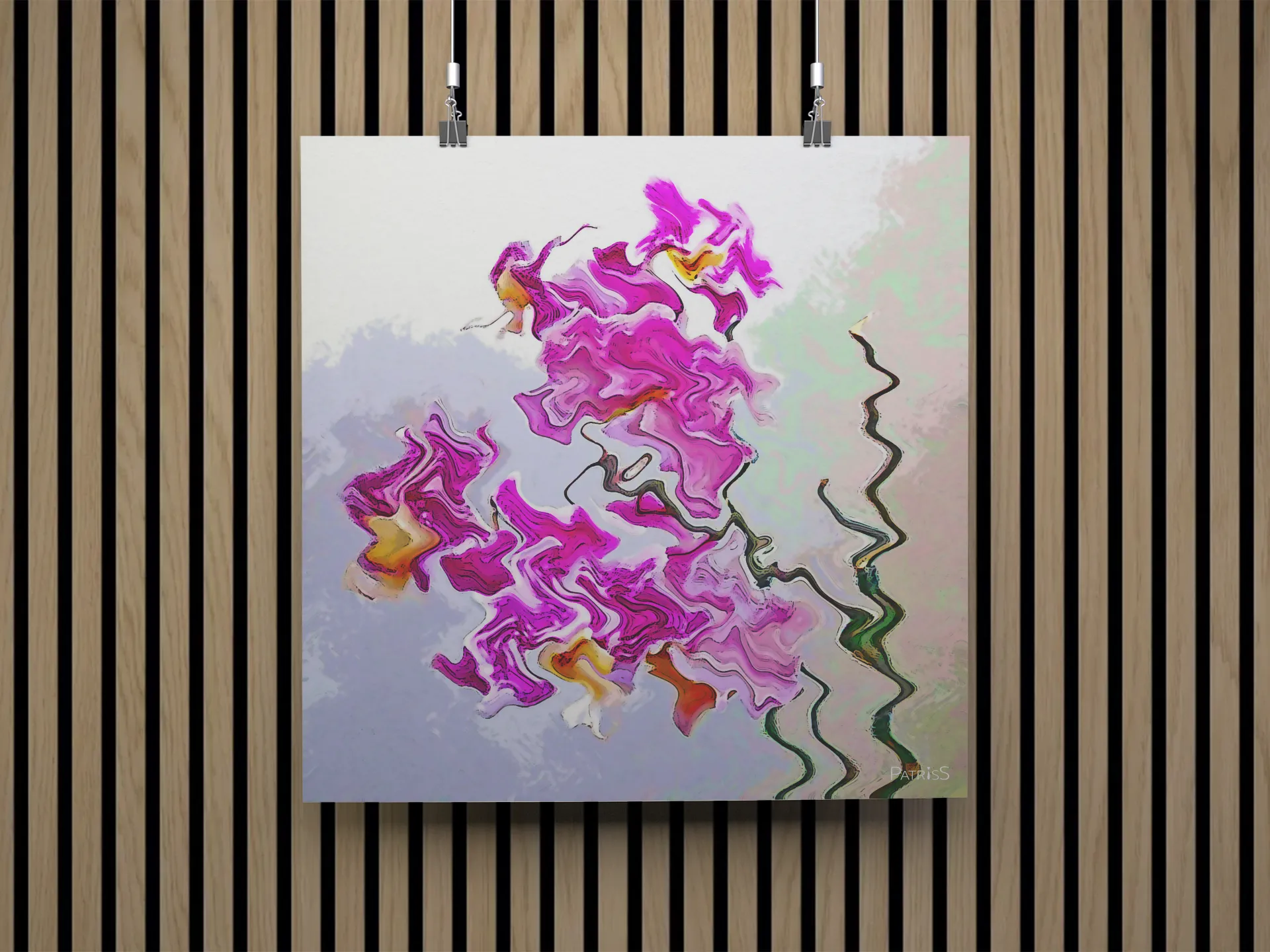 Orchidée, Poster by PatrisS, hanging in front of on a modern wood slat wall panelling.