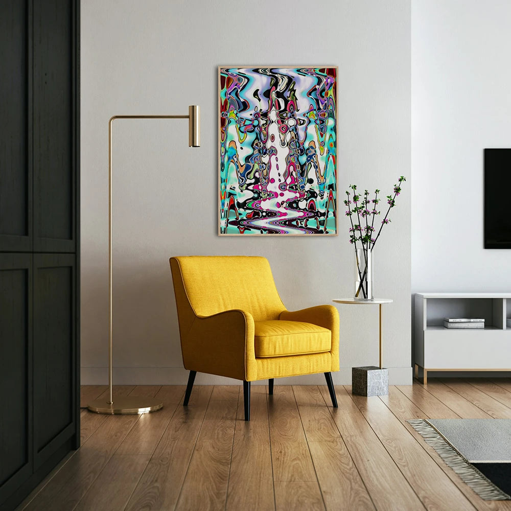 Psychoptical, Wooden Framed Poster by PatrisS, on the wall of a modern living room with a yellow armchair and floor lamp.