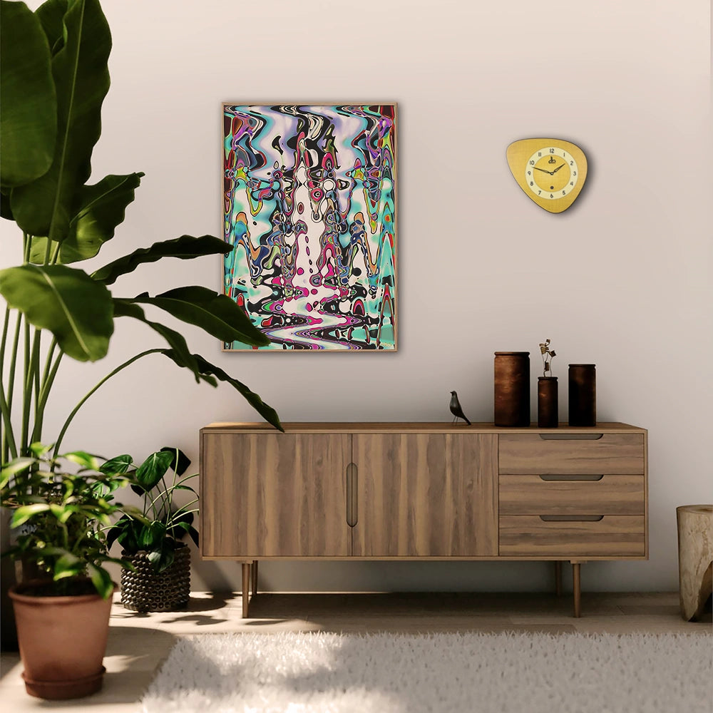 Psychoptical, Wooden Framed Poster by PatrisS, on the wall of a modern living room with a wooden sideboard, large plants, and wall clock.