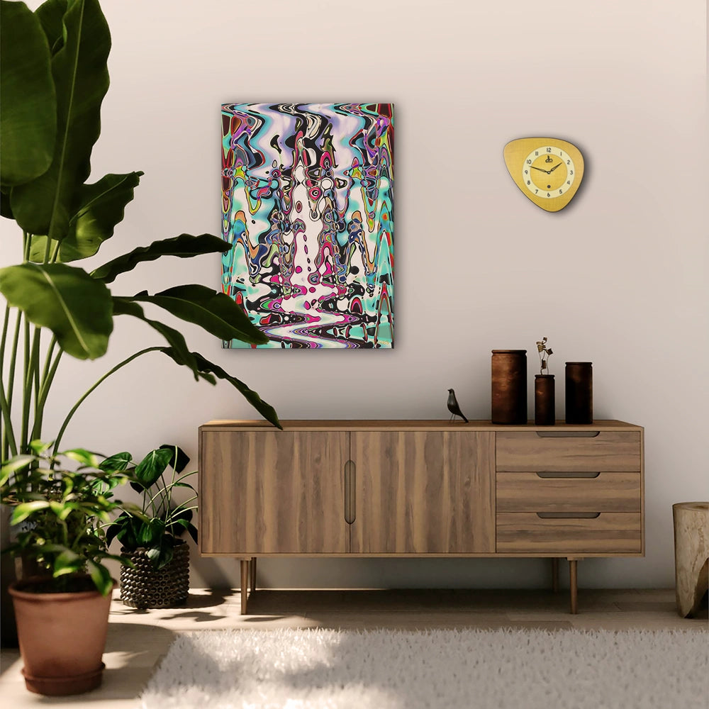 Psychoptical, Aluminium Print by PatrisS, on the wall of a modern living room with a wooden sideboard, large plants, and wall clock.