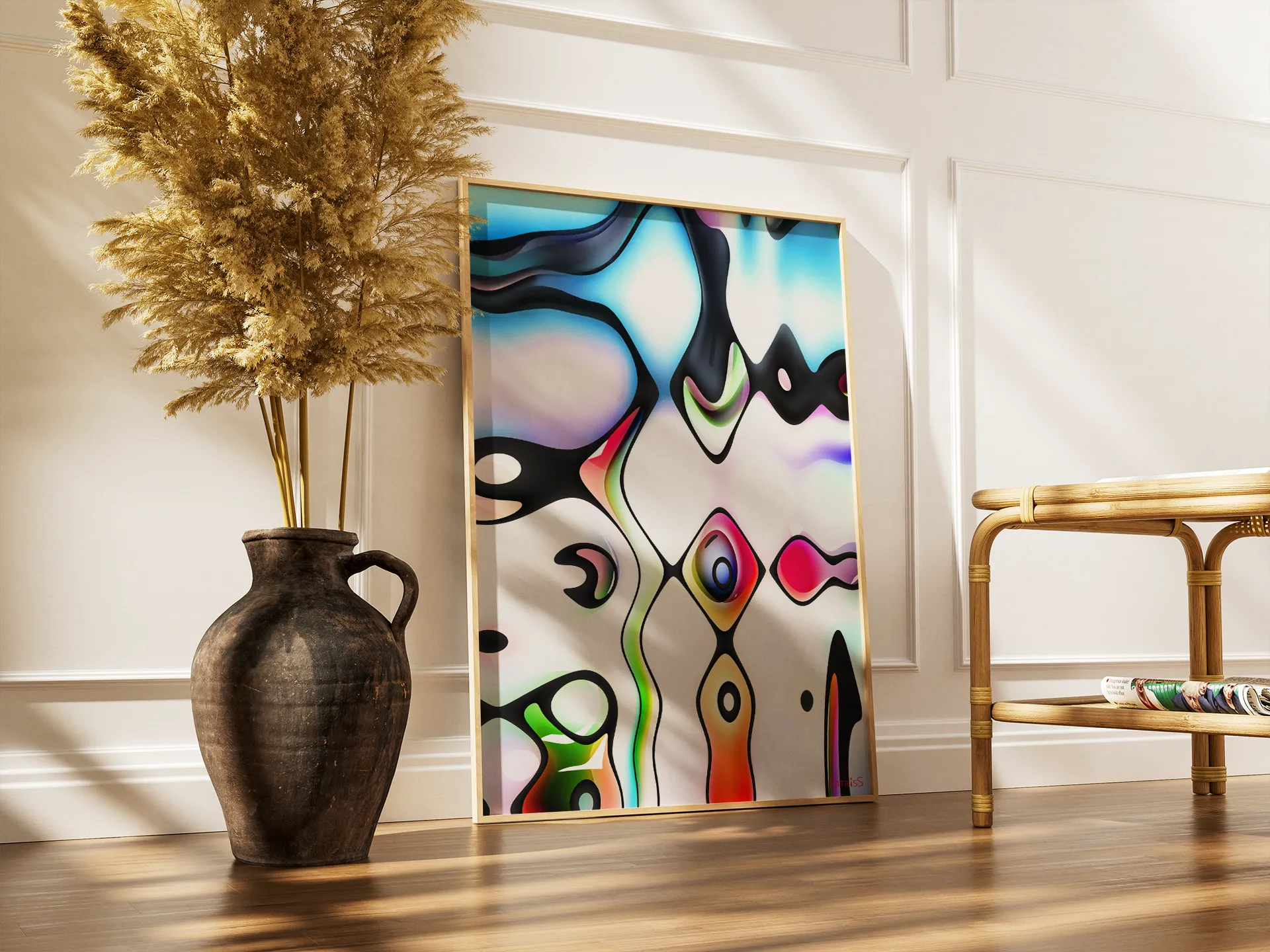 Q-Bist, Wooden Framed Poster by PatrisS, leaning against a wall on the wood floor, next to a rustic vase with dried pampas.