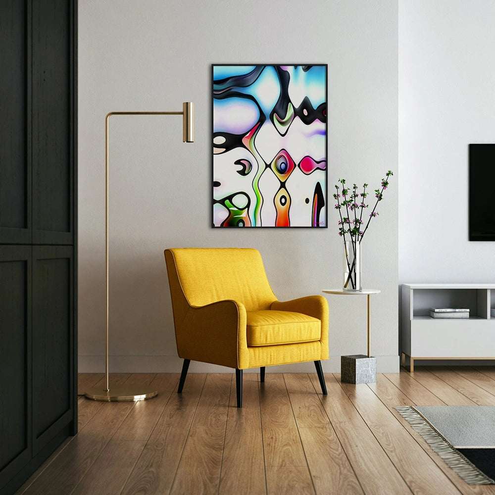 Q-Bist, Wooden Framed Poster by PatrisS, on the wall above a yellow fabric armchair, in a modern living room with floor lamp.