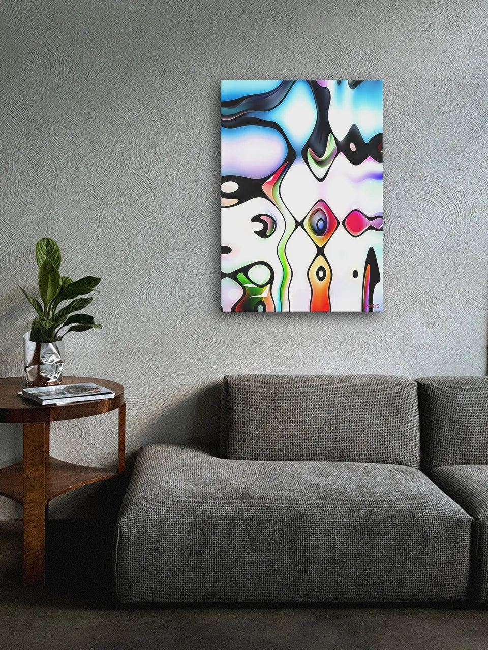 Q-Bist, Aluminium Print by PatrisS, hanging on a concrete wall above a gray sofa with a small wooden round table and plant.