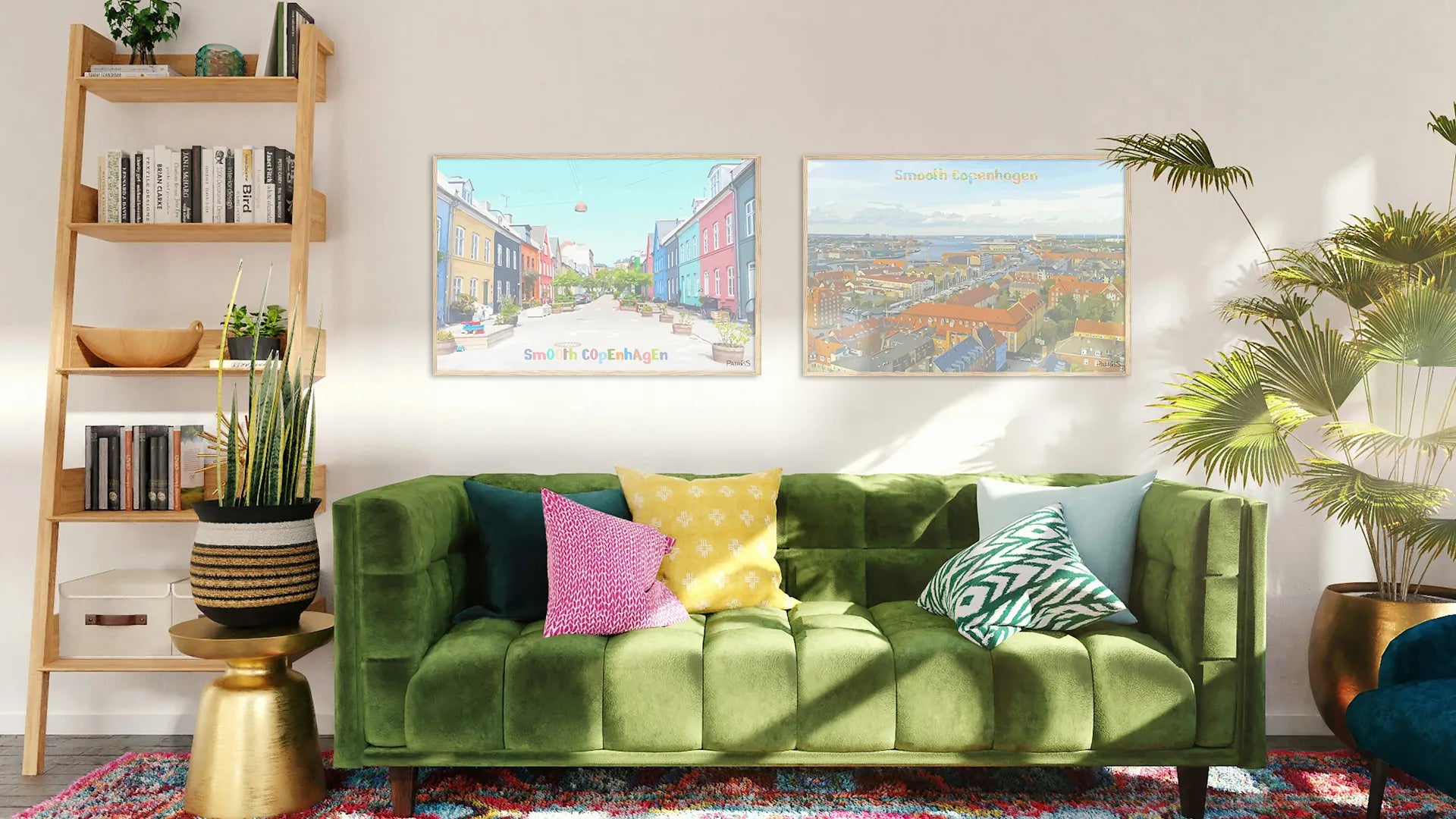 Smooth Copenhagen 1 and 2, Wooden Framed Posters by PatrisS, above a green velvet sofa, colorful pillows, cozy living room.
