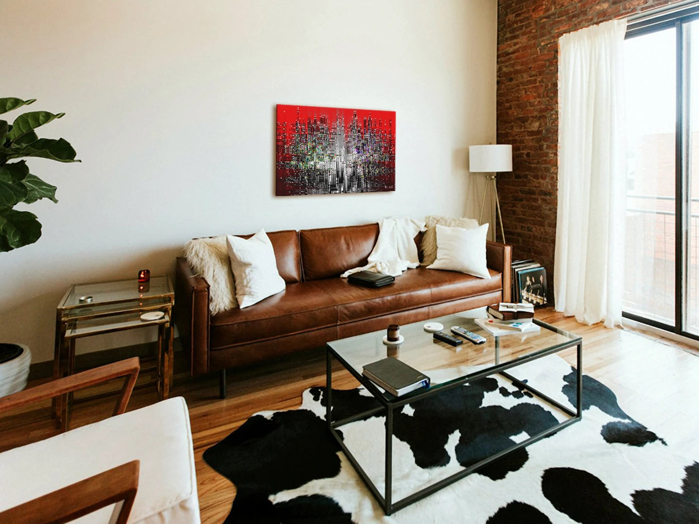 Urban, Aluminium Print by PatrisS, above a brown leather sofa, in a modern living room, glass coffee table and cowhide rug.