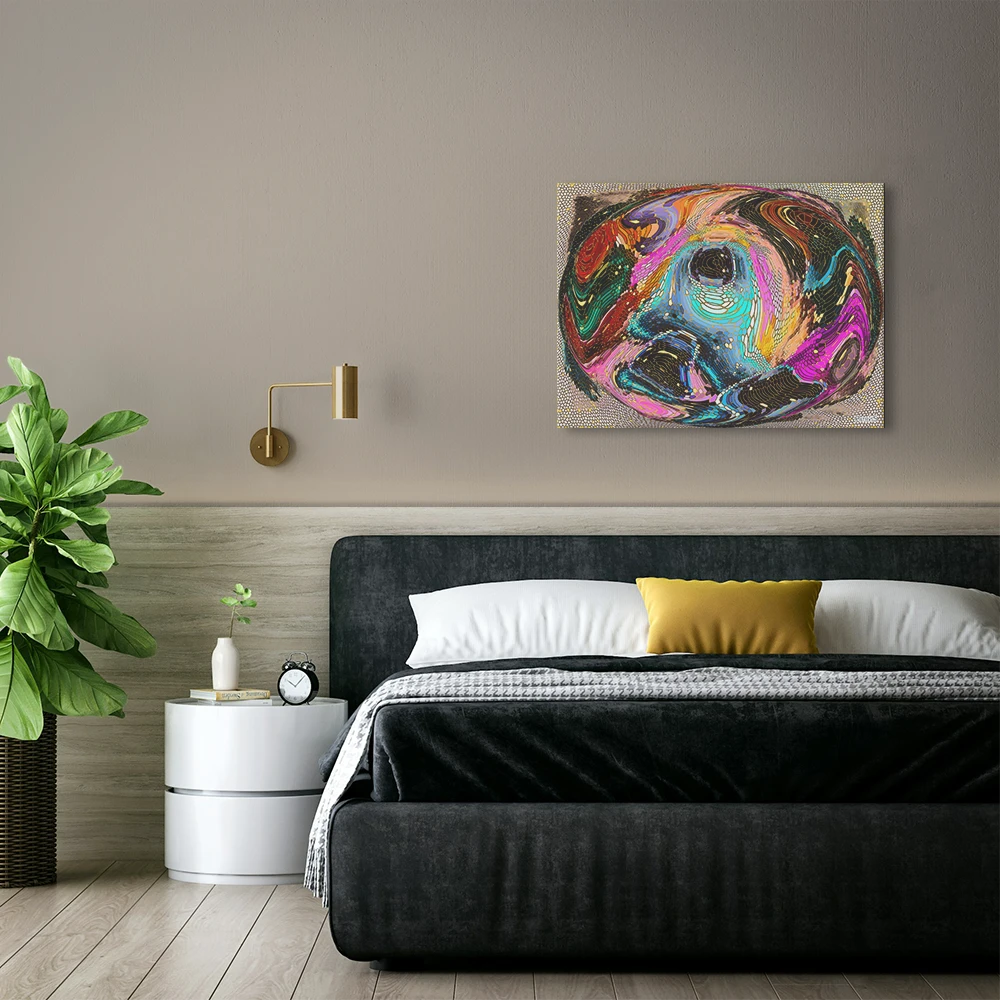 Vision, Aluminium Print by PatrisS, on a beige wall above the bed, in a modern bedroom, with white nightstand and big plant.